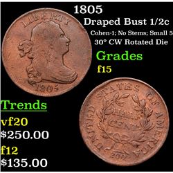 1805 Draped Bust Half Cent 1/2c Grades f+