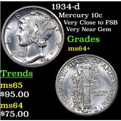 1934-d Mercury Dime 10c Grades Choice+ Unc