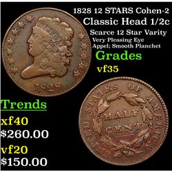 1828 12 STARS Cohen-2 Classic Head half cent 1/2c Grades vf++