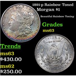 1891-p Rainbow Toned Morgan Dollar $1 Grades Select Unc