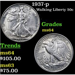 1937-p Walking Liberty Half Dollar 50c Grades Choice Unc