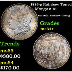 1886-p Rainbow Toned Morgan Dollar $1 Grades Choice+ Unc