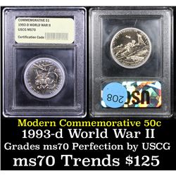 1991-1995-p WWII Modern Commem Half Dollar 50c Graded ms70, Perfection By USCG