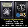 Image 1 : Proof 1989-S Congress Modern Commem Dollar $1 Graded GEM++ Proof Deep Cameo By USCG