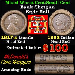Mixed small cents 1c orig shotgun roll, 1917-s Wheat Cent, 1892 Indian Cent other end, McDonalds Wra