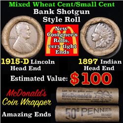 Mixed small cents 1c orig shotgun roll, 1915-d Wheat Cent, 1897 Indian Cent other end, McDonalds Wra