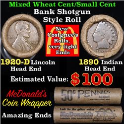 Mixed small cents 1c orig shotgun roll, 1920-d Wheat Cent, 1890 Indian Cent other end, McDnalds Wrap