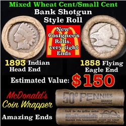 Mixed small cents 1c orig shotgun roll, 1858 Flying Eagle cent, 1893 Indian Cent other end, McDnalds