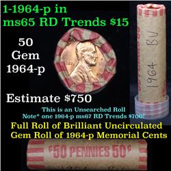 Uncirculated orig Shotgun Lincoln 1c roll 1964-p 50 pcs Grades