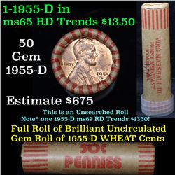 Uncirculated orig Shotgun Lincoln 1c roll, 1955-d 50 pcs Brandt Virg Marshall III Wrapper Grades