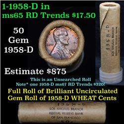 Uncirculated orig Shotgun Lincoln 1c roll, 1958-d 50 pcs Los Angeles Branch Federal Reserve Bank Wra