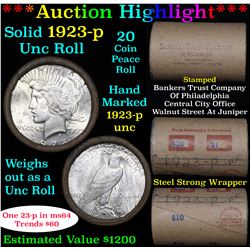 ***Auction Highlight*** Full solid date 1923-p Uncirculated Peace silver dollar roll, 20 coins (fc)