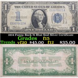 1934 Funny Back $1 Blue Seal Silver Certificate Grades f+