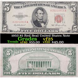 1953 $5 Red Seal United States Note Grades vf+