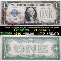 1928 $1 'Funnyback' Blue Seal Silver Certificate Signatures Tate-Mellon. Grades xf details