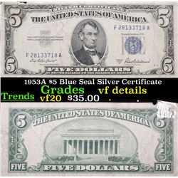 1953A $5 Blue Seal Silver Certificate Grades vf details