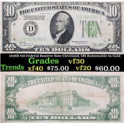 1928B $10 Federal Reserve Note Cleveland, OH Redeemable In Gold Grades vf++