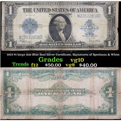 1923 $1 large size Blue Seal Silver Certificate, Signatures of Speelman & White Grades vg+
