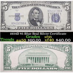 1934D $5 Blue Seal Silver Certificate Grades xf+