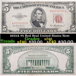 1953A $5 Red Seal United States Note Grades xf