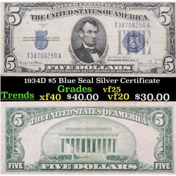 1934D $5 Blue Seal Silver Certificate Grades vf+