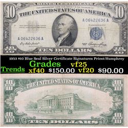 1953 $10 Blue Seal Silver Certificate Signatures Priest/Humphrey Grades vf+