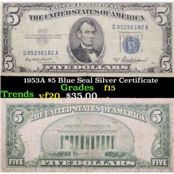 1953A $5 Blue Seal Silver Certificate Grades f+