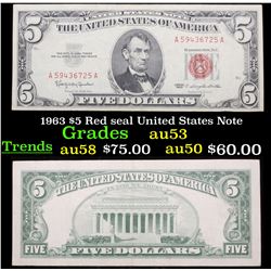 1963 $5 Red seal United States Note Grades Select AU