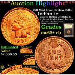 ***Auction Highlight*** 1901 Mint Error 'Broken Collar' Indian Cent 1c Graded Gem+ Unc RB BY USCG (f