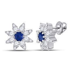 Womens Round Blue Sapphire Diamond Halo Earrings 1/2 Cttw 14kt White Gold - REF-32K5Y