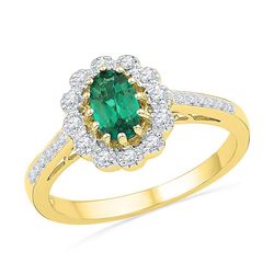 Womens Oval Lab-Created Emerald Diamond Solitaire Ring 7/8 Cttw 10kt Yellow Gold - REF-17W5K