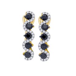 Womens Round Black Color Enhanced Diamond Hoop Earrings 1 Cttw 10kt Yellow Gold - REF-41N5F