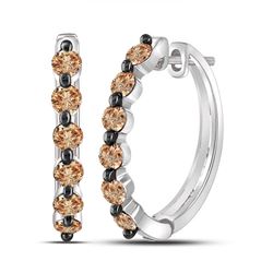 Womens Round Brown Diamond Hoop Earrings 1 Cttw 10kt White Gold - REF-27N9F