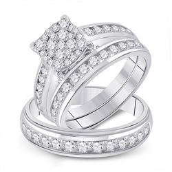 His Hers Round Diamond Square Matching Wedding Set 1-3/4 Cttw 14kt White Gold - REF-131A5M