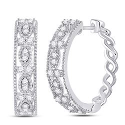 Womens Round Diamond Milgrain Hoop Earrings 1/2 Cttw 14kt White Gold - REF-46K5Y
