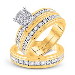 His Hers Round Diamond Cluster Matching Wedding Set 1/3 Cttw 10kt Yellow Gold - REF-32K5Y