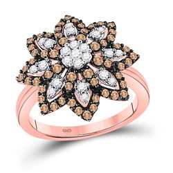 Womens Round Brown Diamond Flower Cluster Ring 1 Cttw 10kt Rose Gold - REF-56X5A