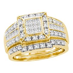 Milgrain Princess Diamond Bridal Wedding Ring Band Set 1 Cttw 14kt Yellow Gold - REF-98A5M