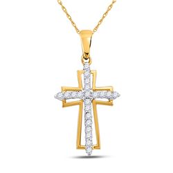Womens Round Diamond Cross Pendant 1/4 Cttw 14kt Yellow Gold - REF-15M9H