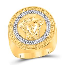 Mens Round Diamond Medusa Face Greek Key Fashion Ring 1/3 Cttw 10kt Yellow Gold - REF-73Y9N