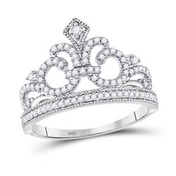 Womens Round Diamond Fleur Crown Tiara Fashion Ring 1/5 Cttw 10kt White Gold - REF-15N9F