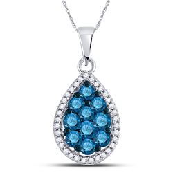 Womens Round Blue Color Enhanced Diamond Teardrop Cluster Pendant 3/4 Cttw 10kt White Gold - REF-27N