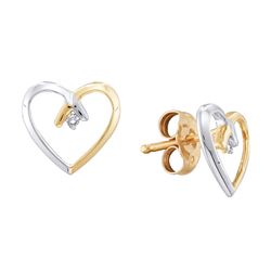 2-tone Womens Round Diamond Heart Stud Earrings .02 Cttw 10kt Yellow Gold - REF-7X9A