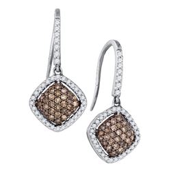 Womens Round Brown Diamond Square Cluster Dangle Earrings 5/8 Cttw 10kt White Gold - REF-27H9R