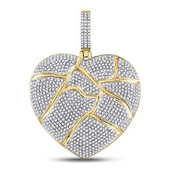 Mens Round Diamond Fractured Broken Heart Charm Pendant 1-1/2 Cttw 10kt Yellow Gold - REF-96Y9N