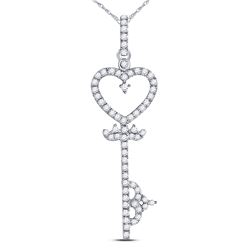 Womens Round Diamond Key Heart Pendant 1/5 Cttw 10kt White Gold - REF-10R5X