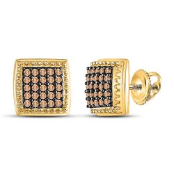 Womens Round Brown Diamond Square Cluster Earrings 1/2 Cttw 10kt Yellow Gold - REF-18H5R