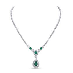 Womens Pear Emerald Diamond Teardrop Cocktail Necklace 3 Cttw 14kt White Gold - REF-203Y9N