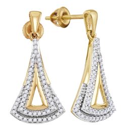 Womens Round Diamond Dangle Earrings 1/4 Cttw 10kt Yellow Gold - REF-21N5F