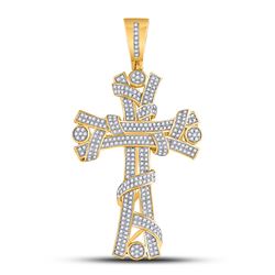 Mens Round Diamond Religious Cross Charm Pendant 1 Cttw 10kt Yellow Gold - REF-65K5Y